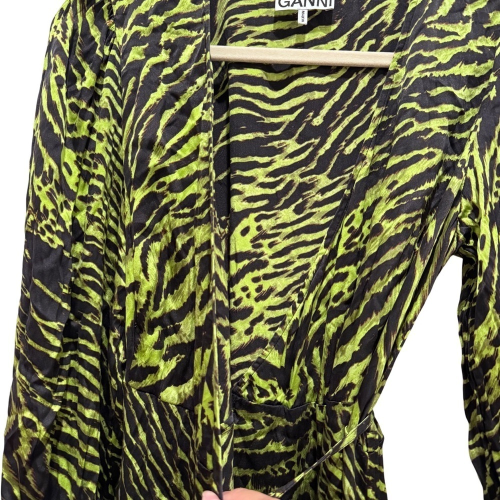 GANNI Stretch Silk Satin Tiger Stripe Wrap Dress Scandi Eclectic Blck Grn 38/6/M - Picture 5 of 15